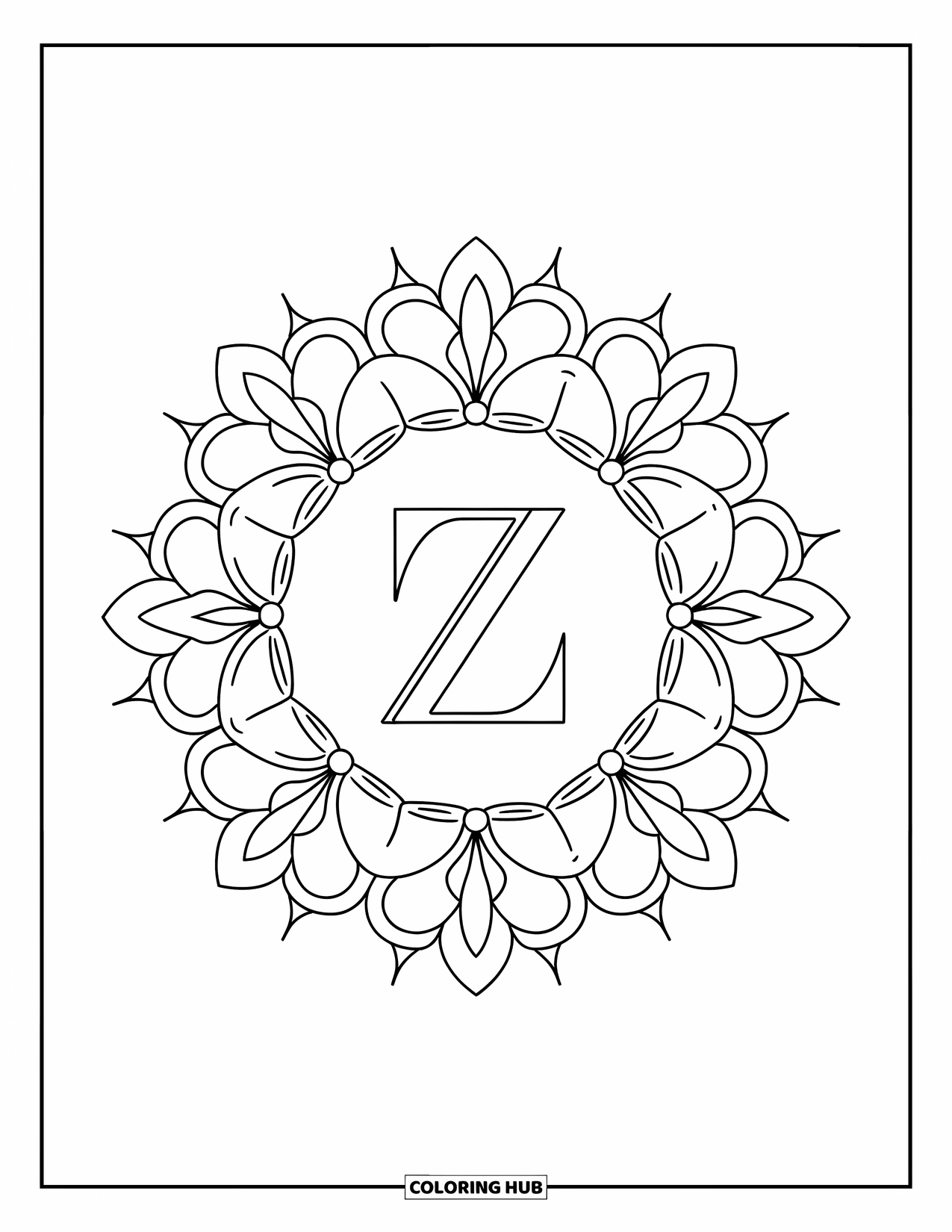 Letter Z Coloring Page for Adults: Z inside a frame of lotus patterns and geometric flourishes