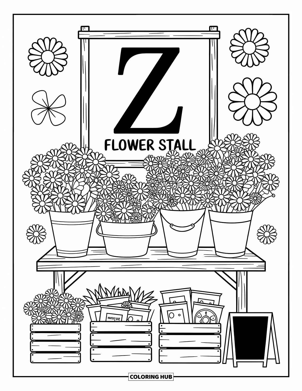 Letter Z Coloring Page for Adults: Z on a flower stall sign with blooming zinnias and a chalkboard