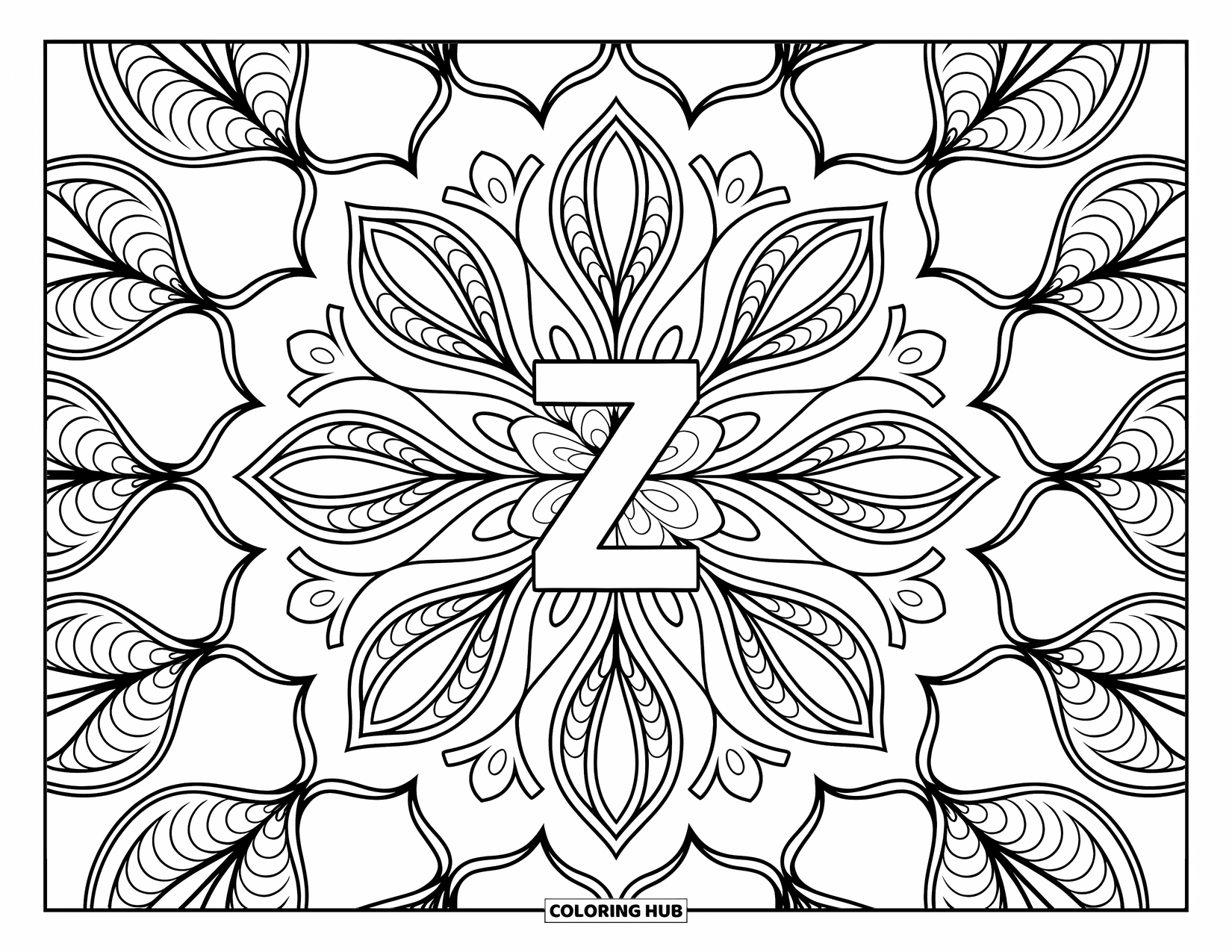 Letter Z Coloring Page for Adults: Z rests in a detailed pattern of zigzags and paisley shapes