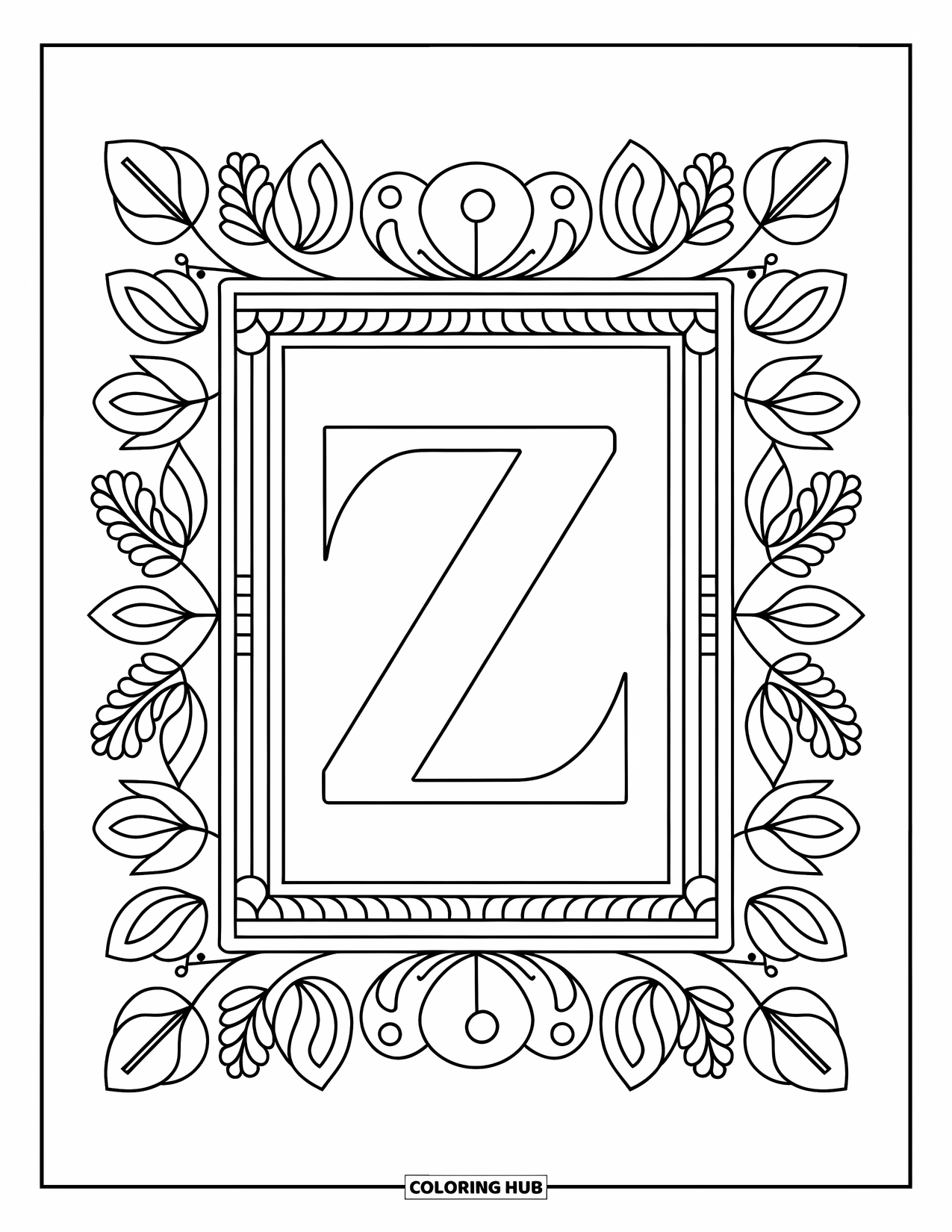 Letter Z Coloring Page for Adults: Z sits inside a decorative floral and zigzag border