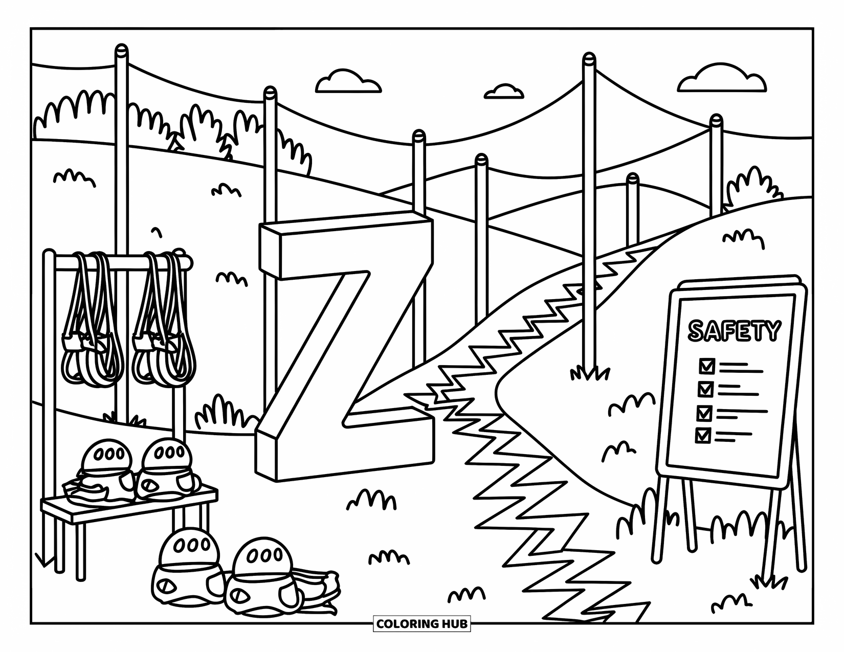 Letter Z Coloring Page for Adults: Z stands by a zipline course with ropes, helmets, and fun trail signs