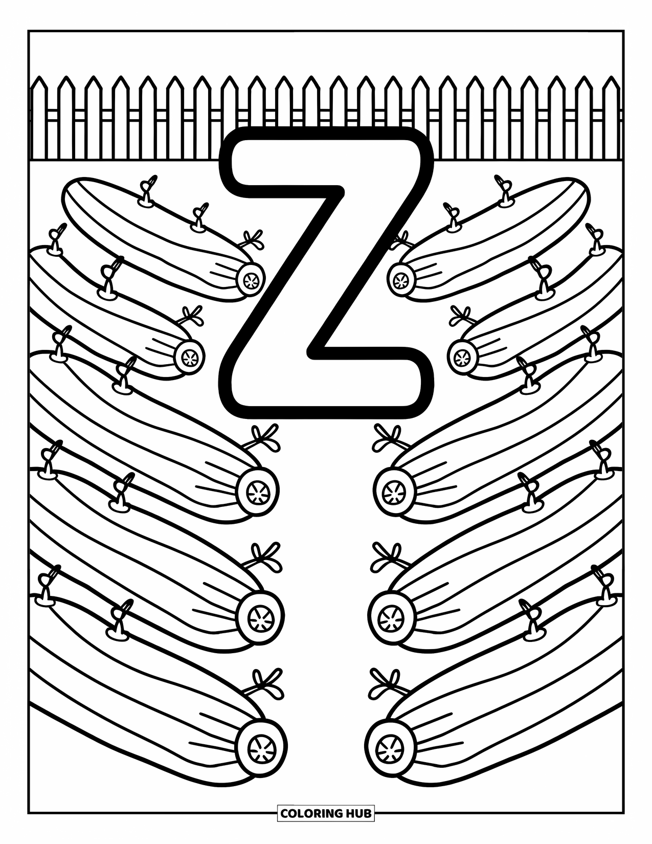 Letter Z Coloring Page for Adults: Z stands in a garden with zucchini rows and tiny garden signs