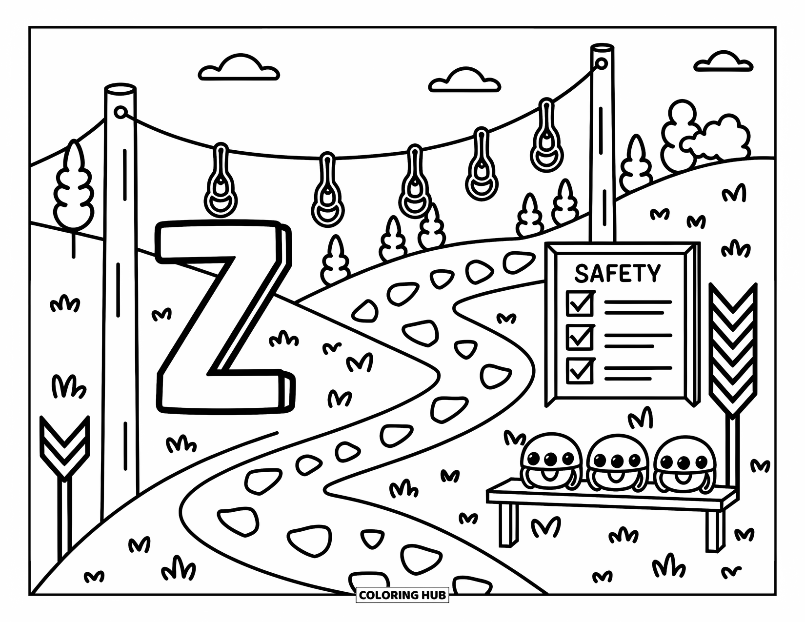 Letter Z Coloring Page for Adults: Z stands near a zipline course with helmets, signs, and a zigzag trail