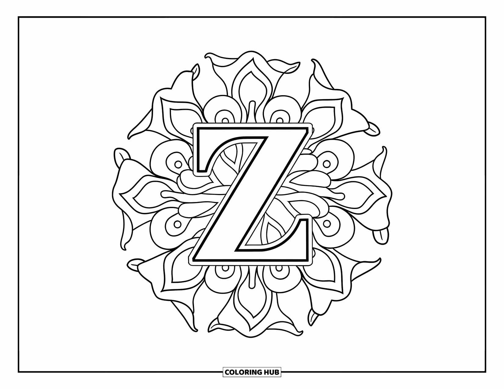 Letter Z Coloring Page for Adults: Z surrounded by a ribbon mandala and ornamental florals