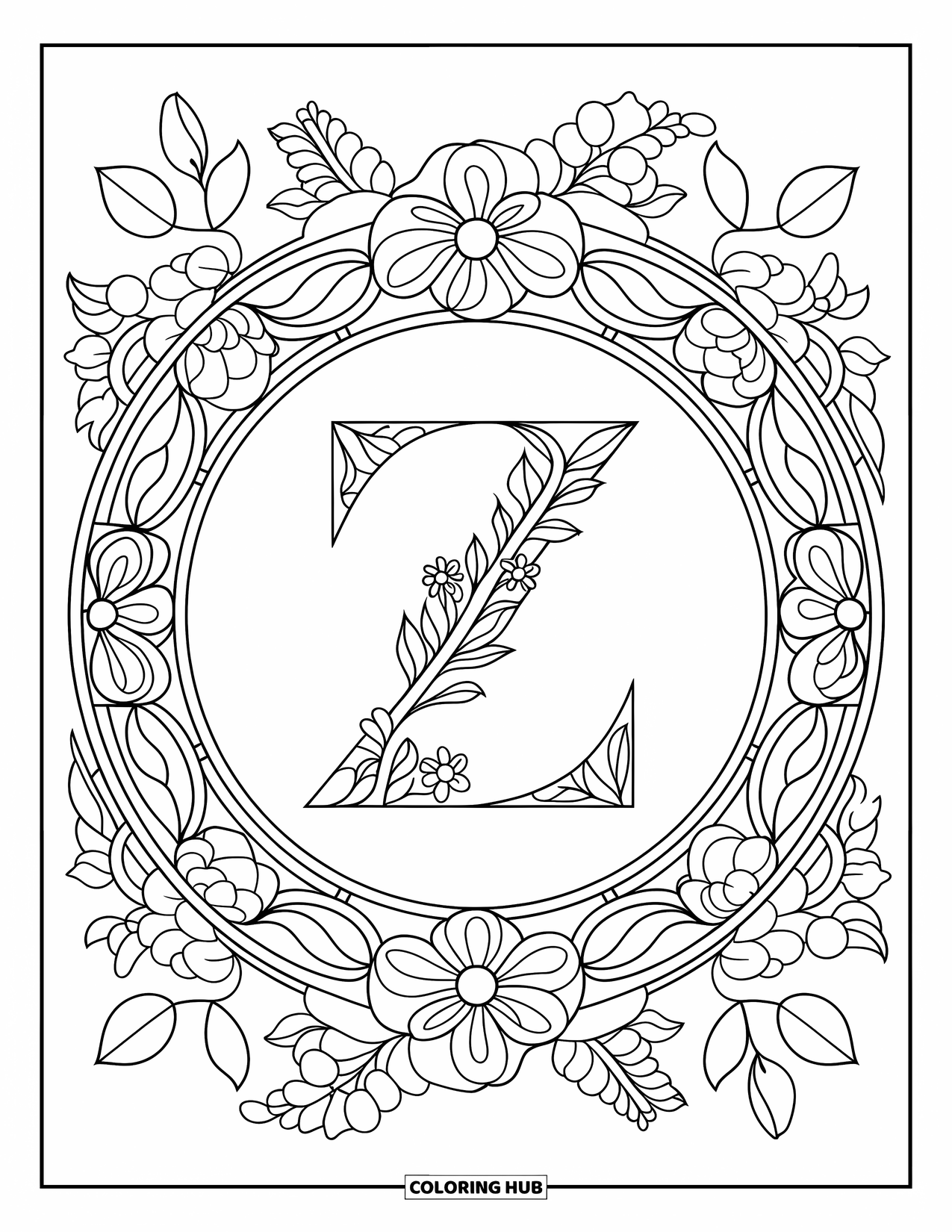 Letter Z Coloring Page for Adults: Z surrounded by a stained glass mandala of leaves and blooms