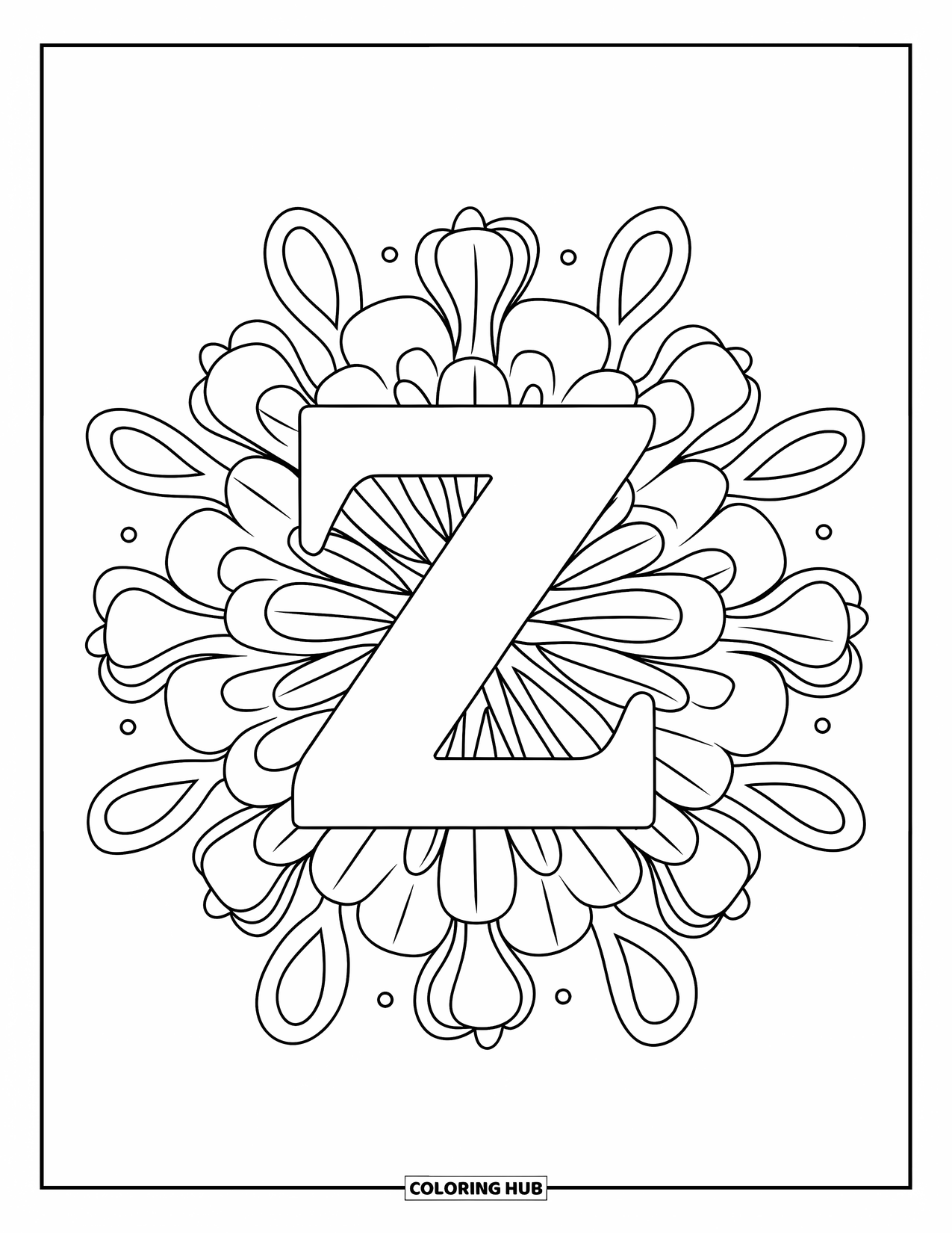 Letter Z Coloring Page for Adults: Z surrounded by intricate lines, dots, and zinnia bursts