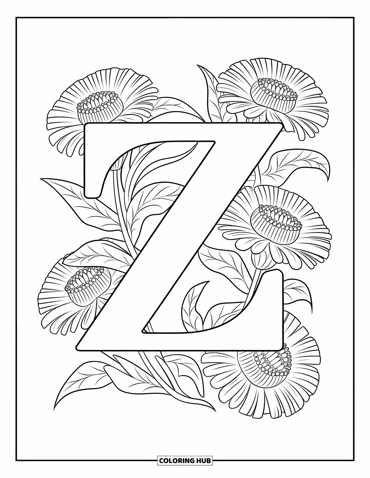 Letter Z Coloring Page for Adults: Z surrounded by trailing vines and blooming zinnia flowers