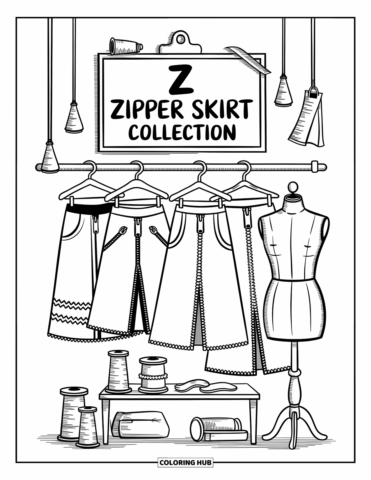 Letter Z Coloring Page for Adults: Z with zipper-trimmed skirts, thread spools, and a mannequin