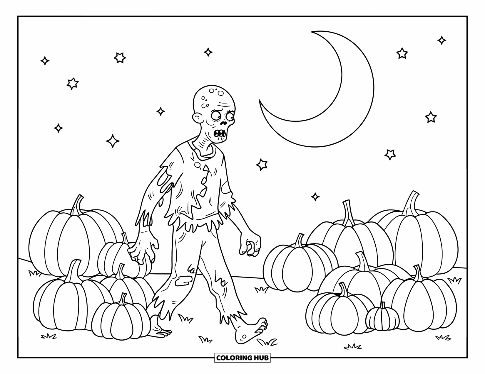 Letter Z Coloring Page for Kids: Bald zombie wanders a pumpkin field under a starry sky
