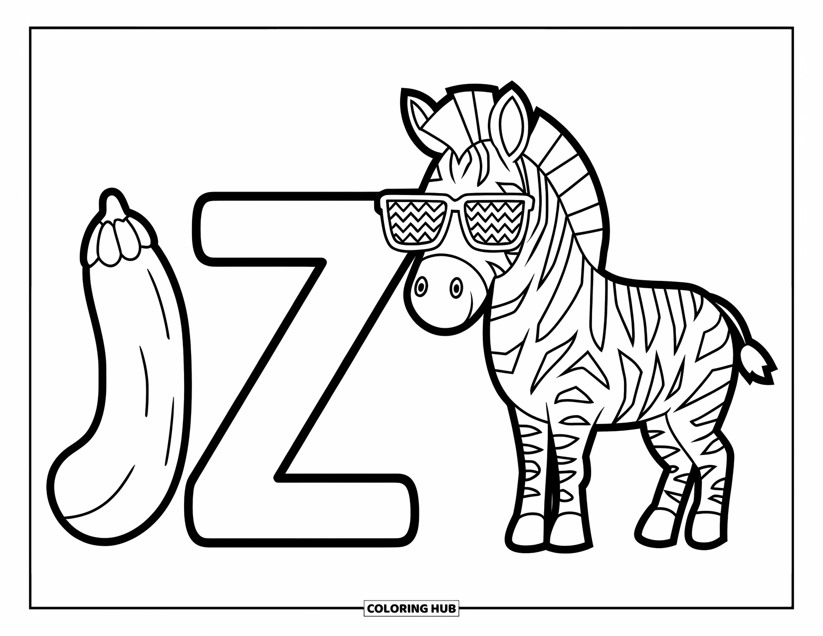 Letter Z Coloring Page for Kids: Big Z with zebra shades and little z with a zucchini