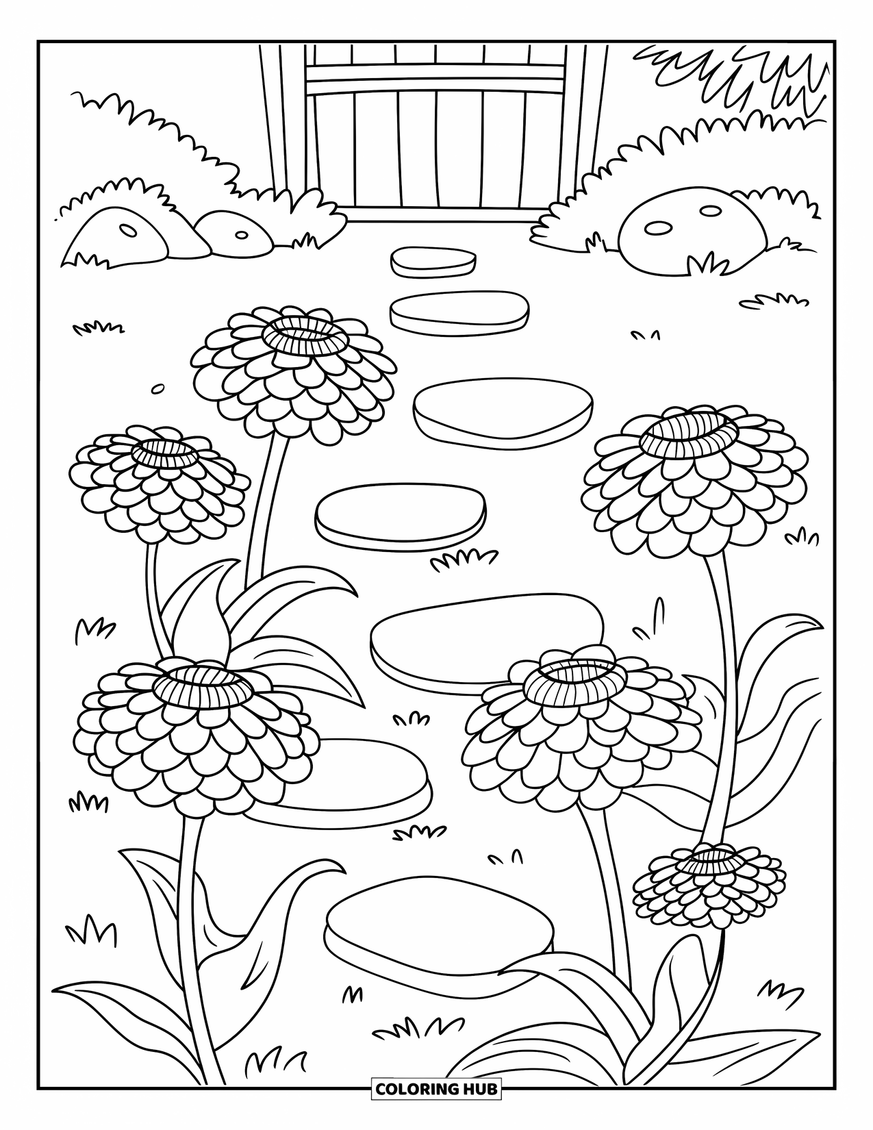 Letter Z Coloring Page for Kids: Blooming zinnias line a path to a wooden garden gate