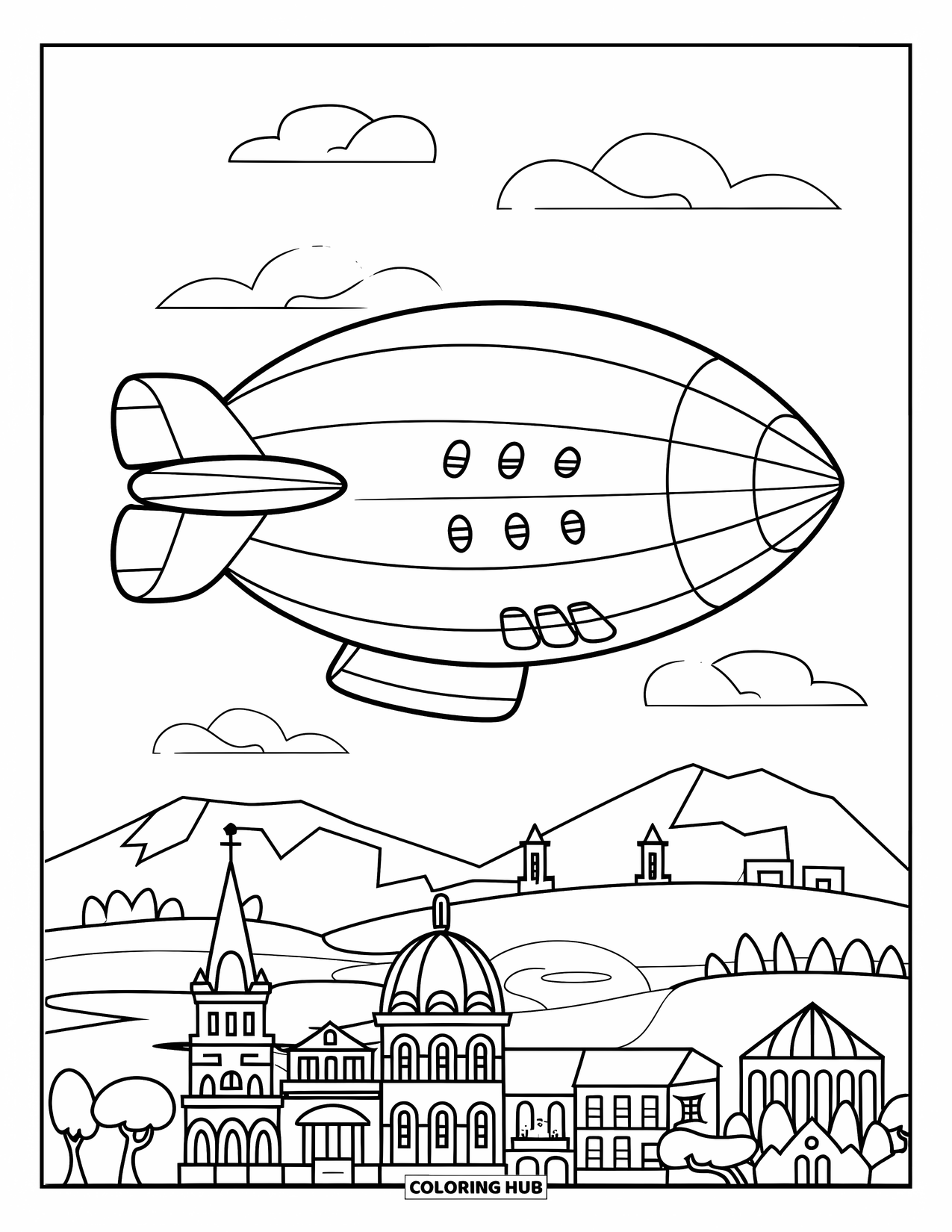 Letter Z Coloring Page for Kids: Detailed zeppelin above buildings, domes, trees, and a river