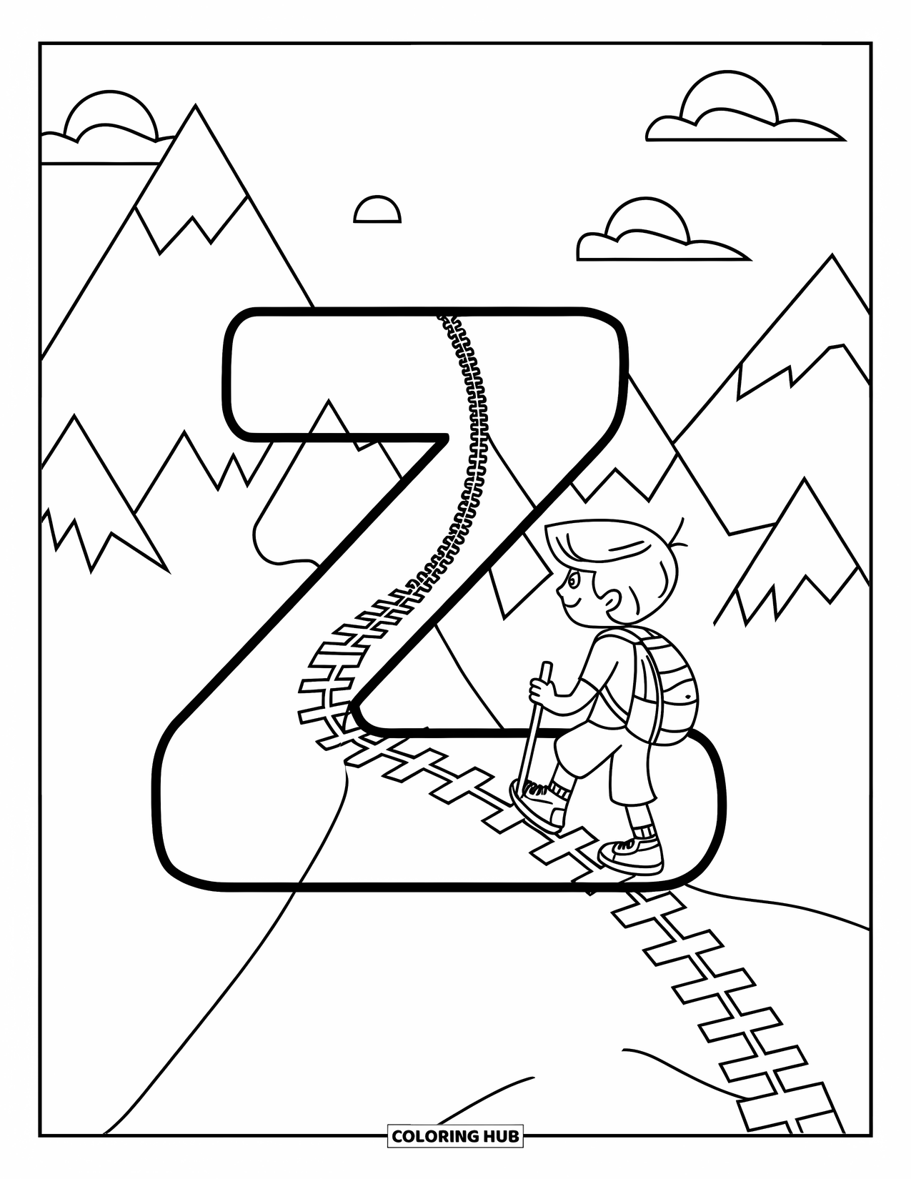 Letter Z Coloring Page for Kids: Kid hikes a zipper trail beside the letter Z