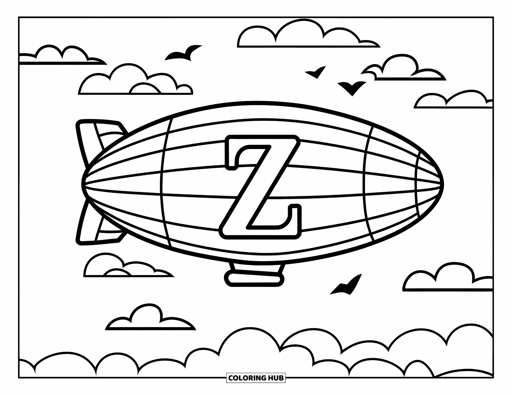 Letter Z Coloring Page for Kids: Letter Z with zeppelin and birds among soft clouds