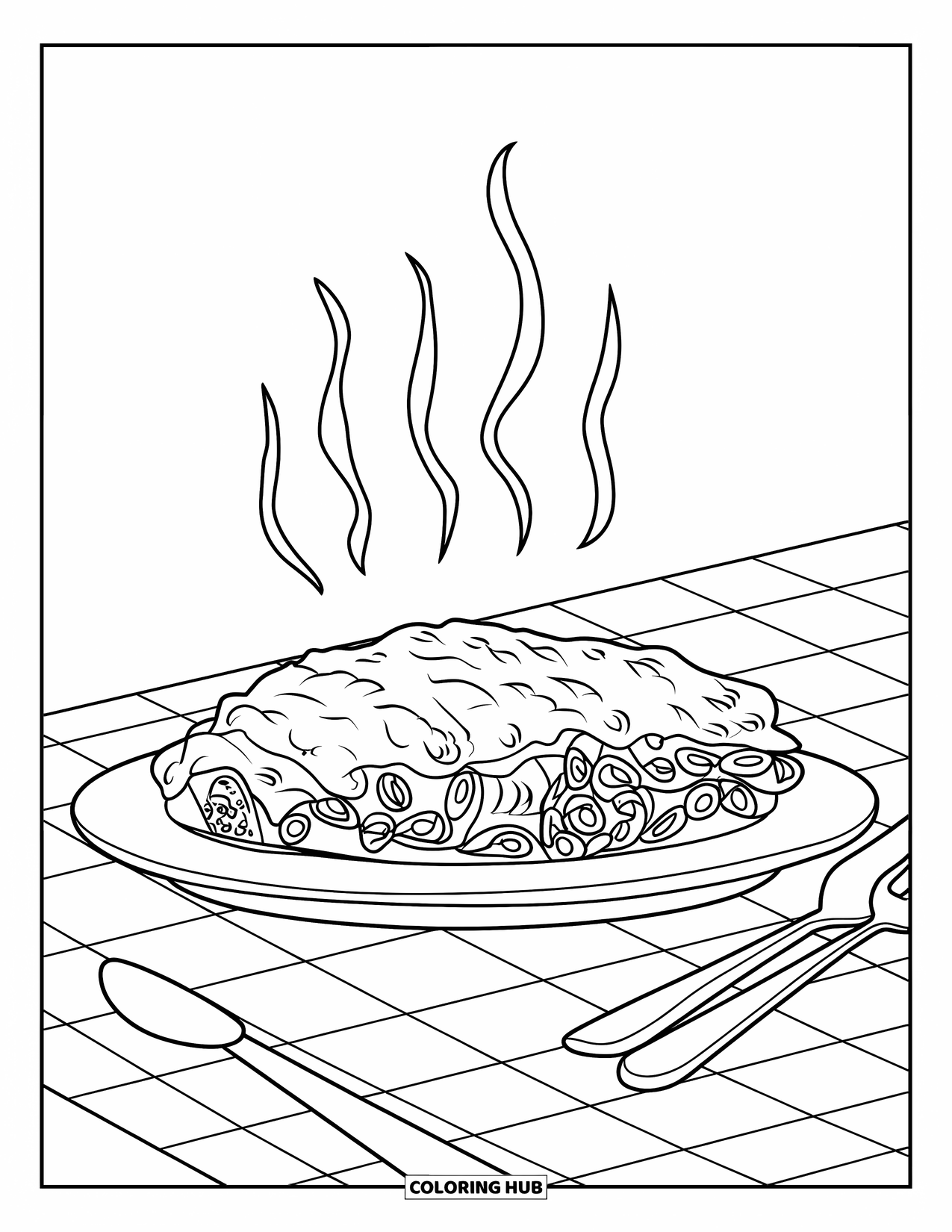 Letter Z Coloring Page for Kids: Steaming baked ziti sits on a checkered table with cutlery