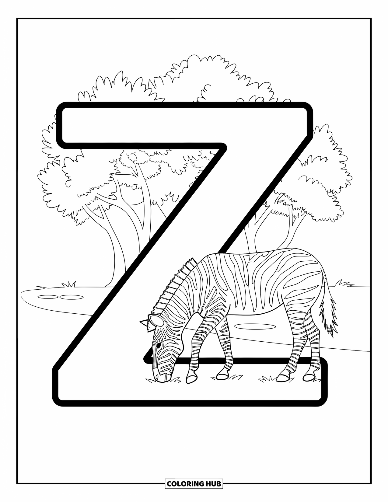 Letter Z Coloring Page for Kids: Z in the zoo with a grazing zebra and trees