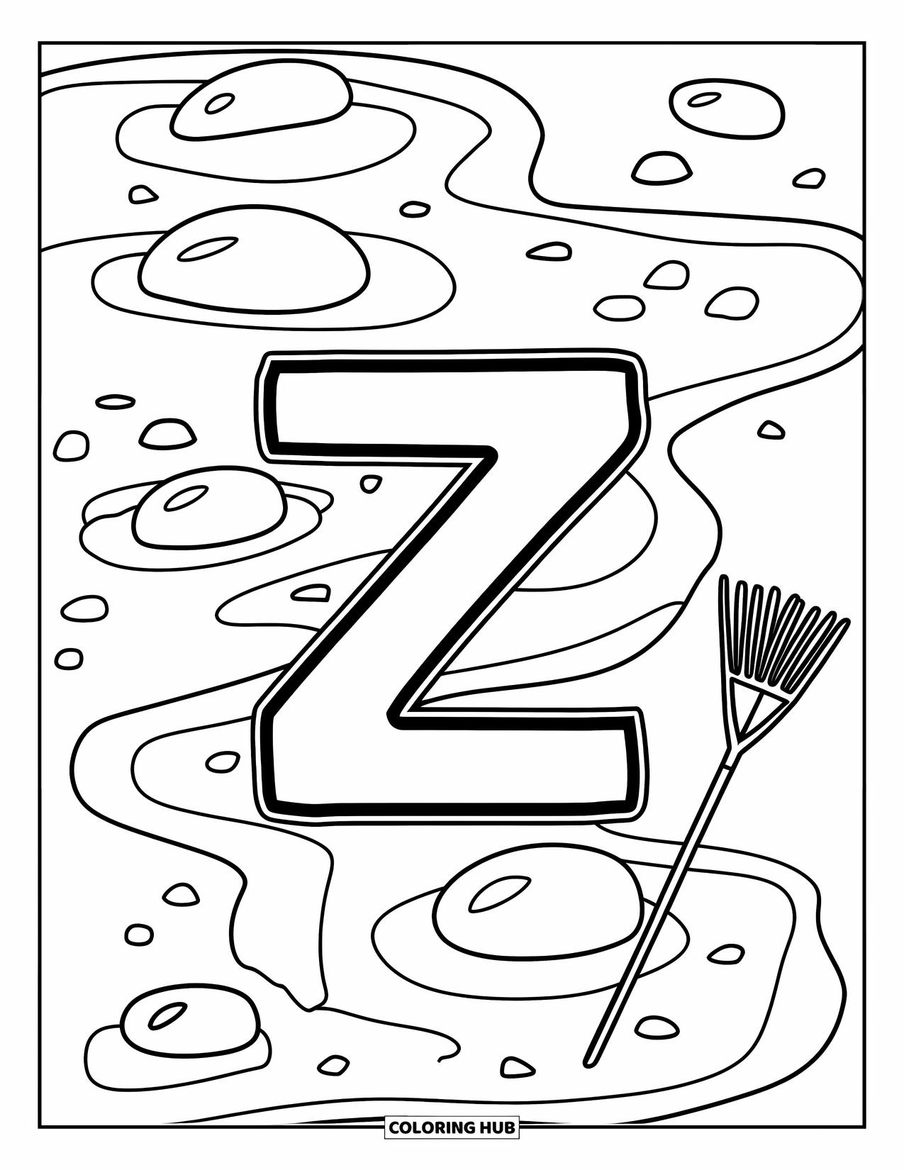 Letter Z Coloring Page for Kids: Z sits in a simple zen garden with clean pebbles