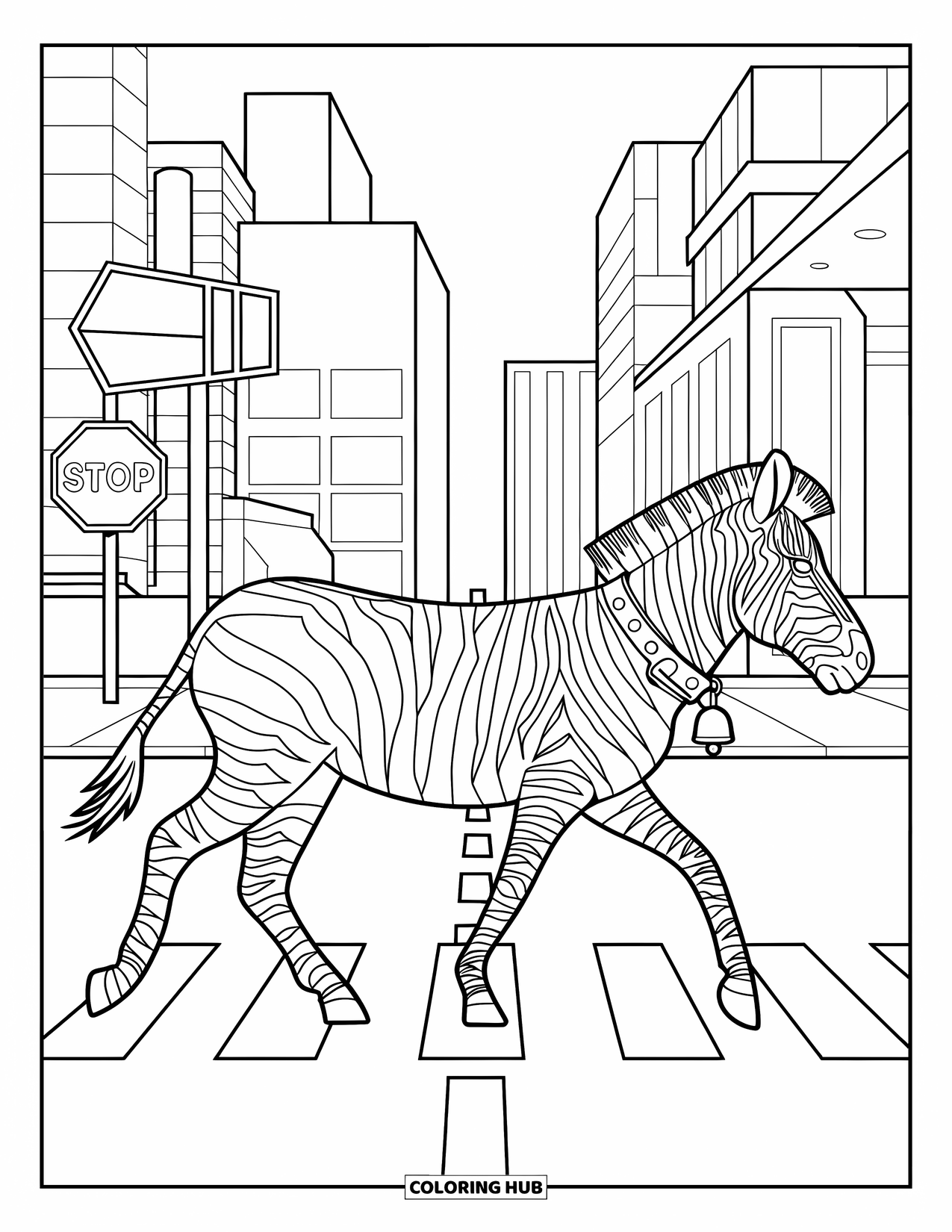 Letter Z Coloring Page for Kids: Zebra with a bell crosses a striped road in the city