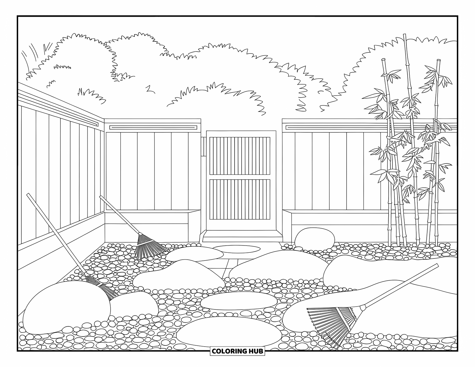Letter Z Coloring Page for Kids: Zen garden with pebbles, bamboo, and a wooden rake