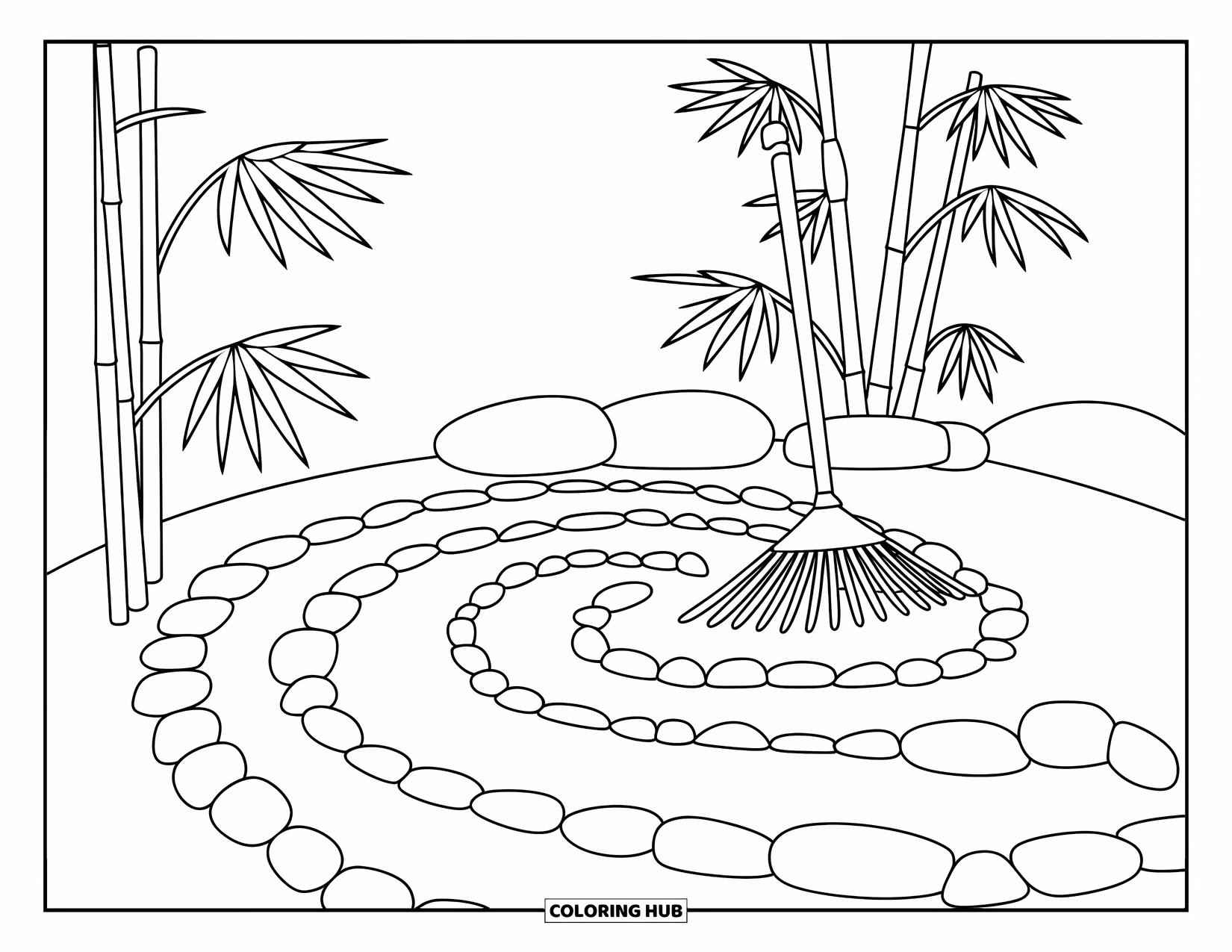 Letter Z Coloring Page for Kids: Zen garden with spiral pebbles, bamboo, and a wooden rake