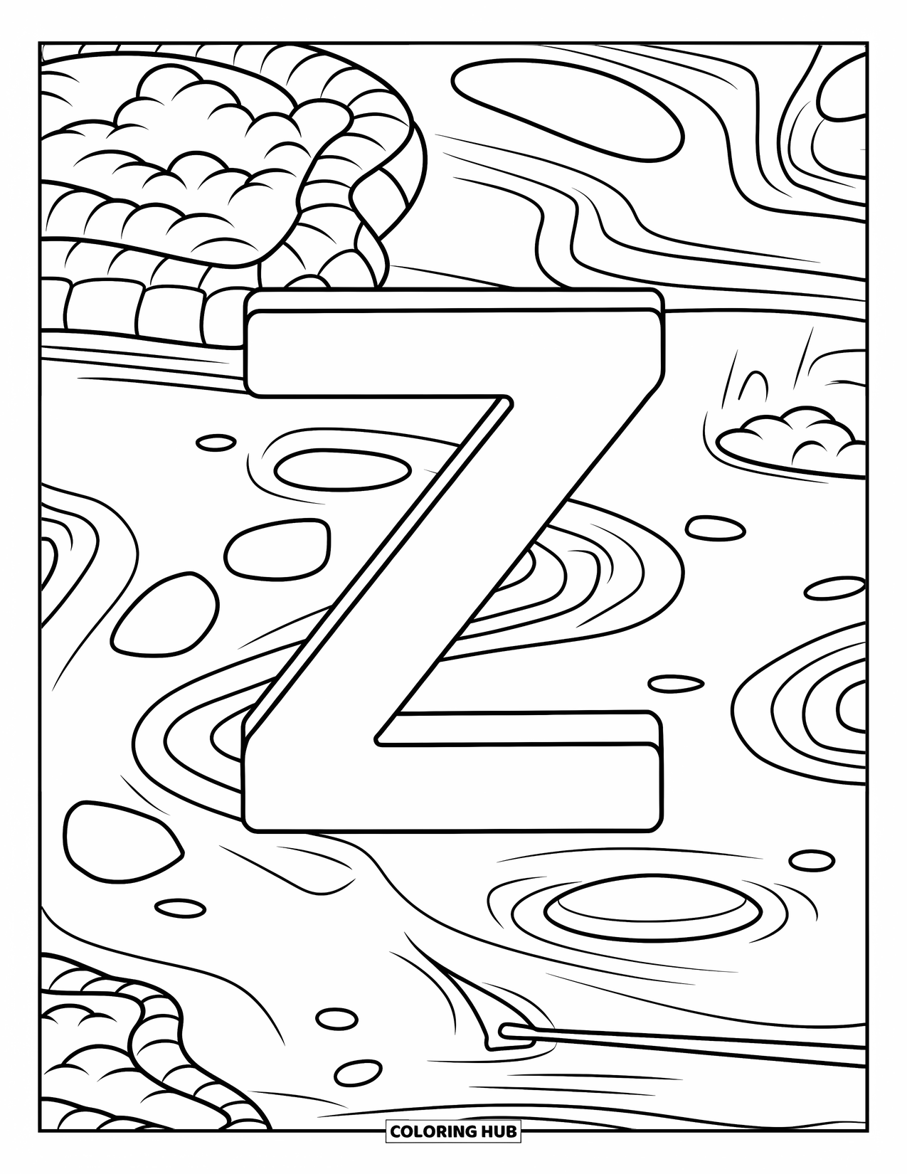 Letter Z Coloring Page for Kids: Zen garden with Z, pebbles, and a tiny rake