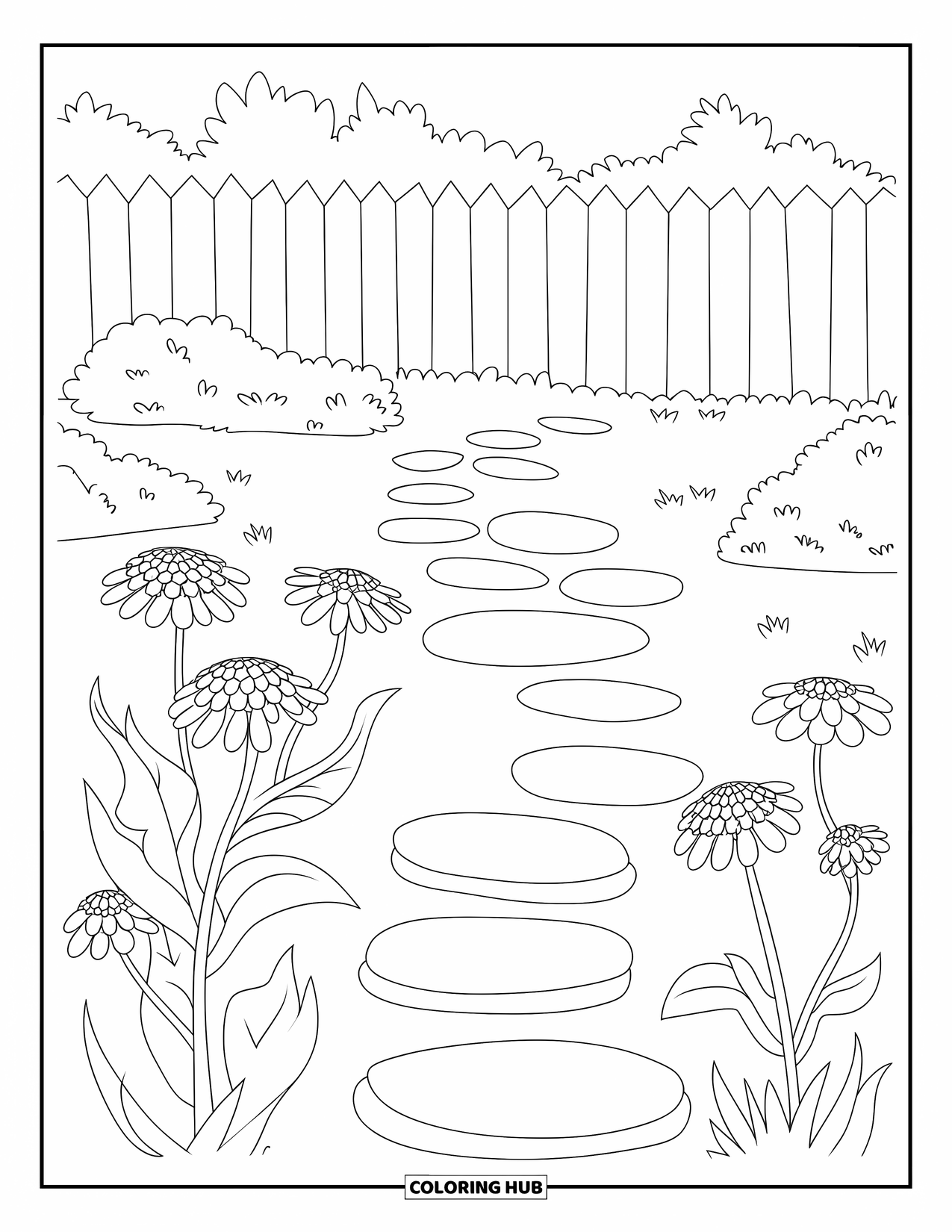 Letter Z Coloring Page for Kids: Zinnia garden with stepping stones and a wooden fence