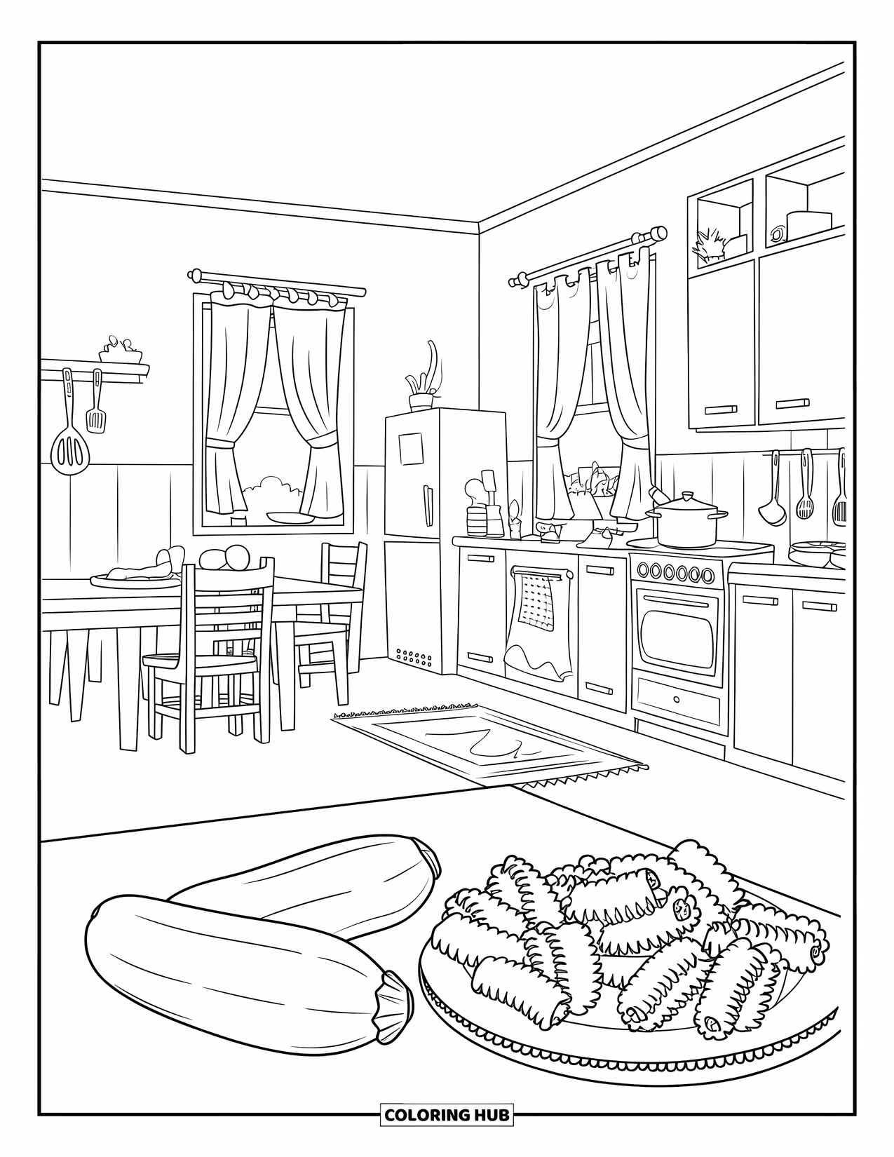 Letter Z Coloring Page for Kids: Zucchini and ziti on a counter in a vintage kitchen