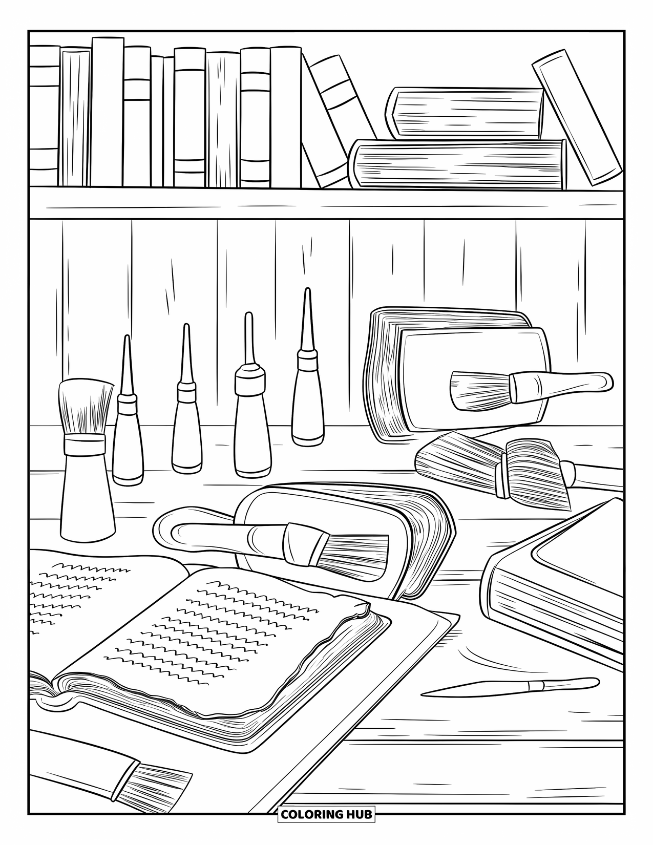 Library Coloring Page for Adults: A book conservator's table holds brushes, tools, and old manuscripts near full shelves