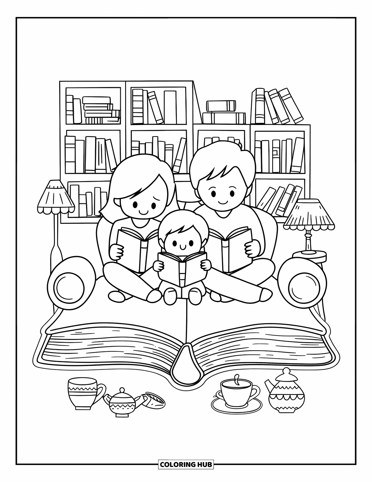 Library Coloring Page for Adults: A book-shaped sofa holds a reading family in a room filled with cute, tiny objects
