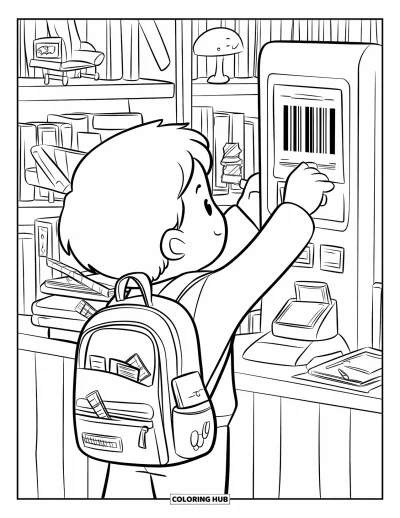 Library Coloring Page for Adults: A boy scans a book at a library kiosk, his backpack open with notes peeking out