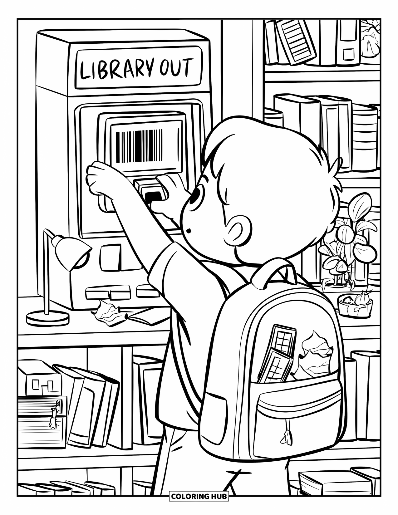 Library Coloring Page for Adults: A boy uses a self-checkout while cute mini items like a lamp and chair fill the space