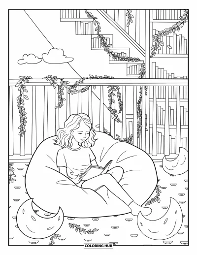 Library Coloring Page for Adults: A dreamy loft with books, soft lights, and a teen reading quietly on a bean bag