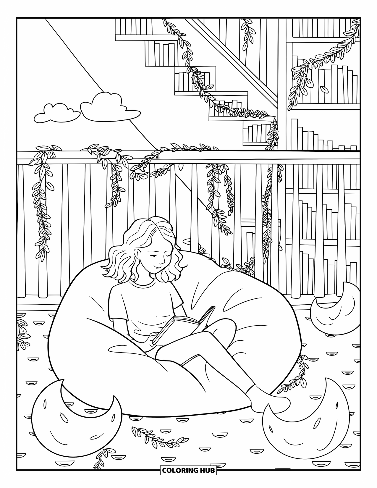 Library Coloring Page for Adults: A dreamy loft with books, soft lights, and a teen reading quietly on a bean bag