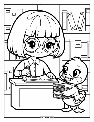 Library Coloring Page for Adults: A smiling duck holds storybooks while a librarian stamps books at a small desk