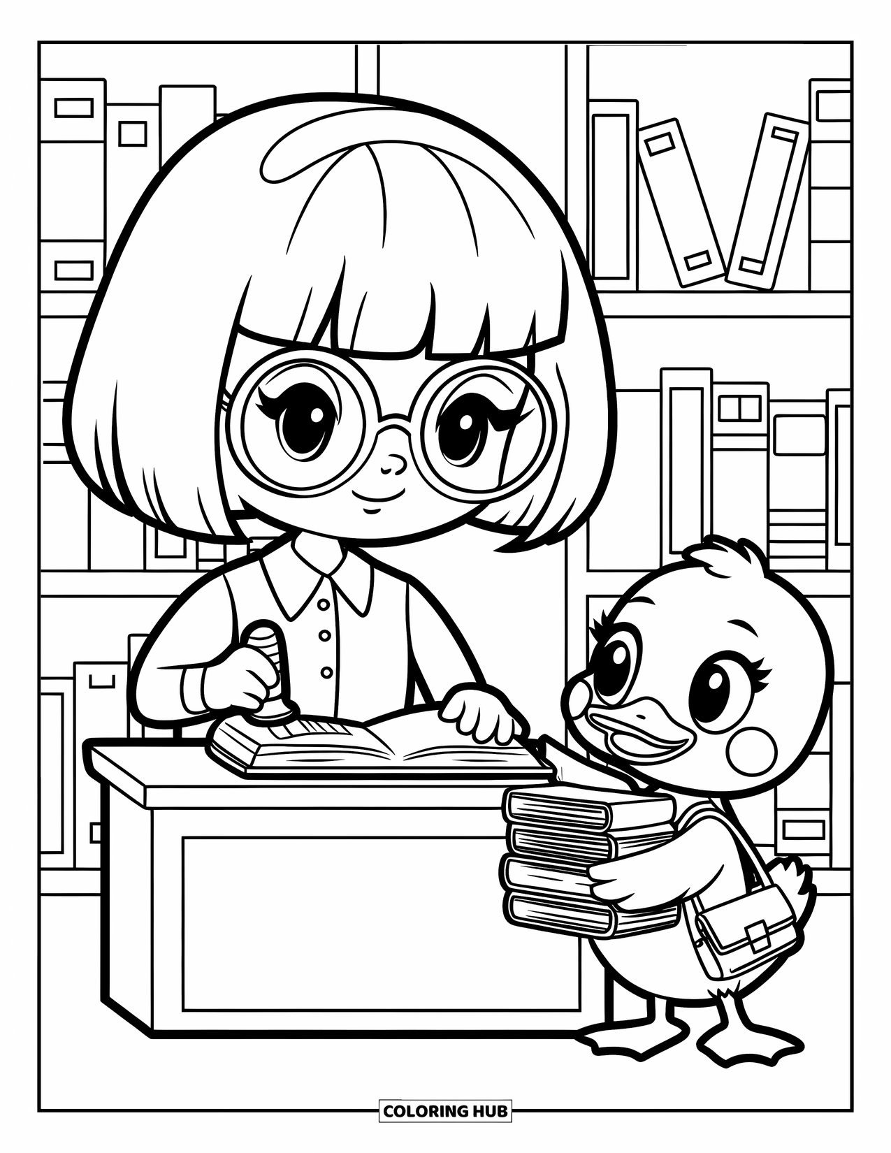 Library Coloring Page for Adults: A smiling duck holds storybooks while a librarian stamps books at a small desk