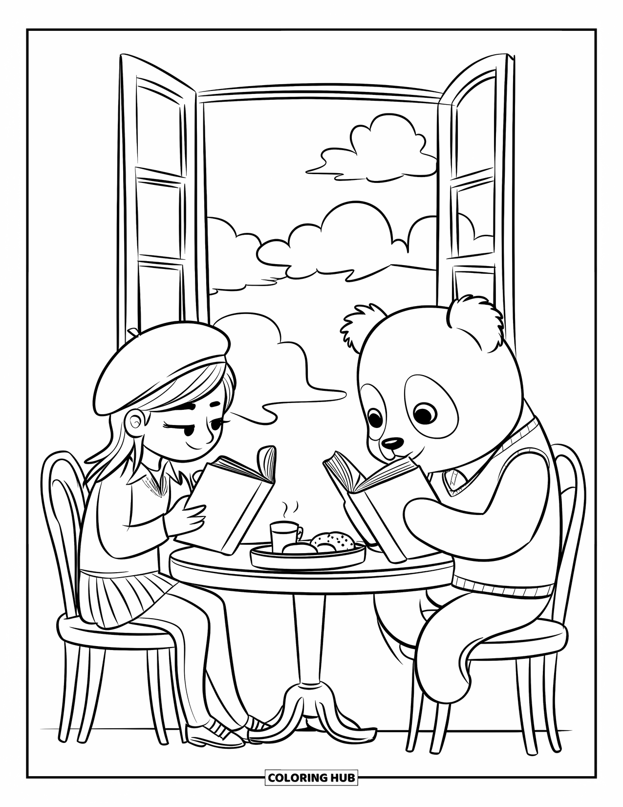 Library Coloring Page for Adults: A teen and a panda read together at a cozy cafÈ table with snacks and clouds outside