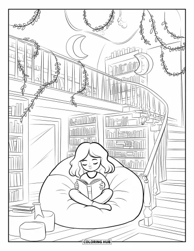 Library Coloring Page for Adults: A teen lounges in a vine-draped loft with books and glowing moon lamps nearby