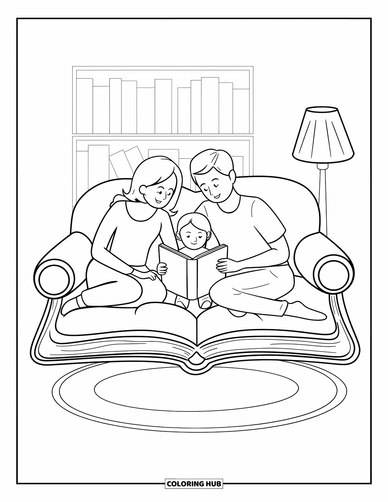 Library Coloring Page for Adults: A warm room with a family reading on a couch shaped like a big book