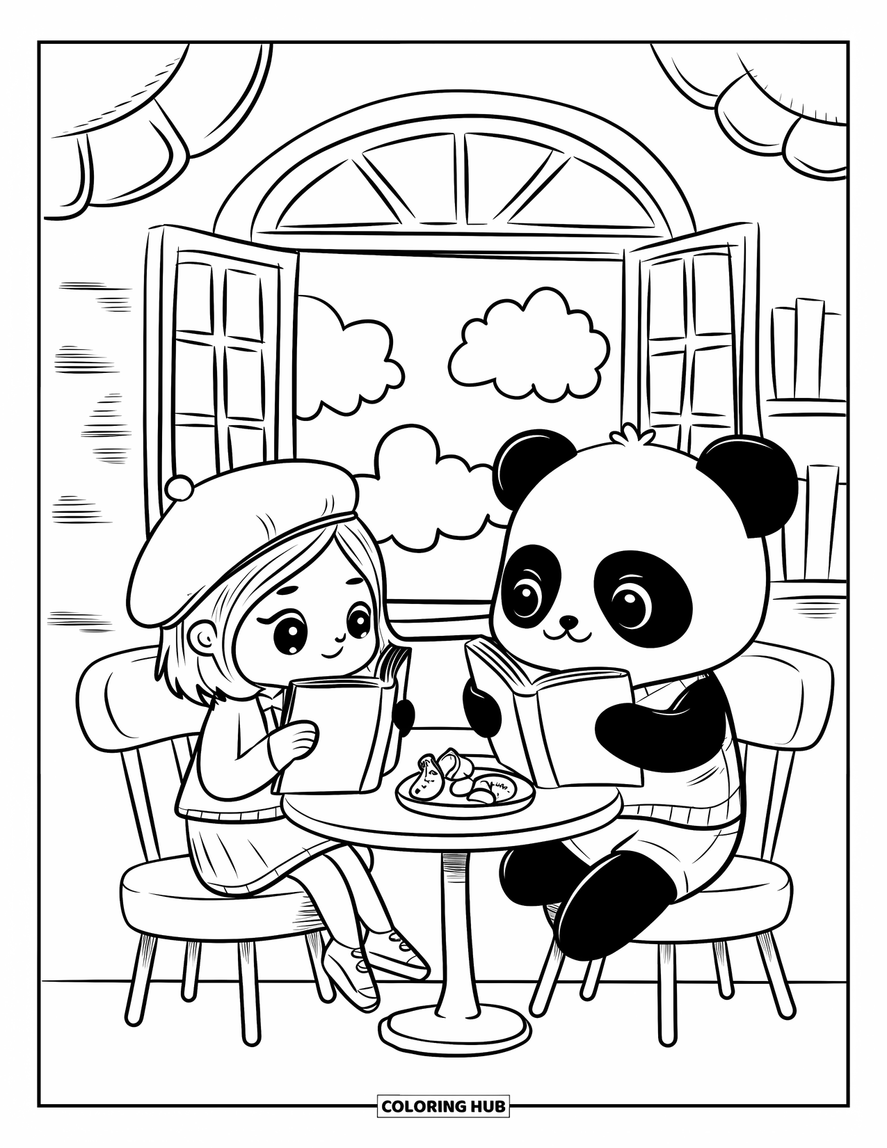 Library Coloring Page for Adults: A whimsical cafÈ with soft curves, snacks, and a panda reading beside a teen girl
