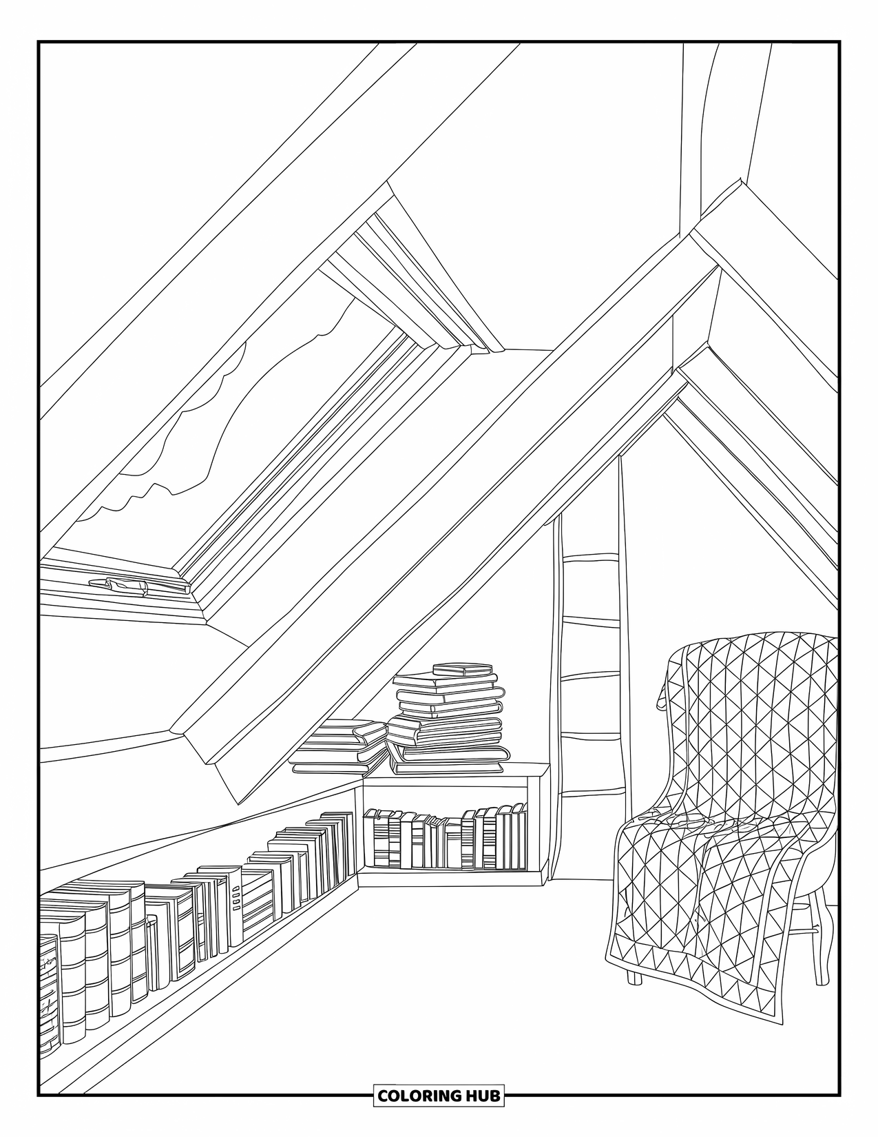 Library Coloring Page for Adults: An attic reading nook with a quilted chair, scattered books, and a soft skylight above