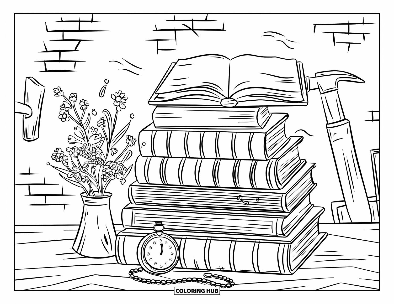 Library Coloring Page for Adults: Books, flowers, and a watch sit on a wooden stand near rustic brick and tools