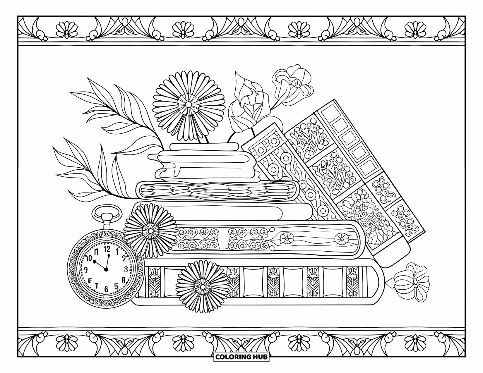 Library Coloring Page for Adults: Books with patterns, a watch, and flowers sit framed in a cozy layout