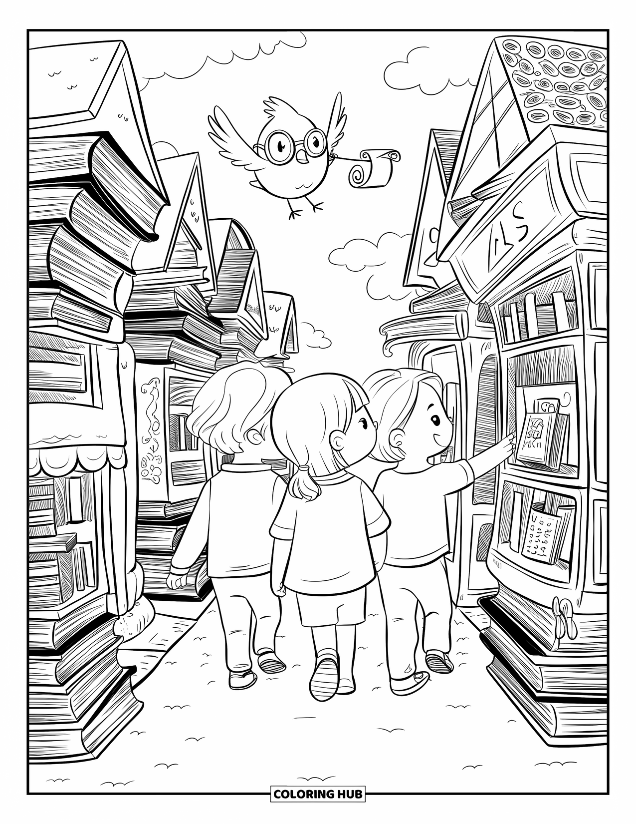 Library Coloring Page for Adults: Children explore a bookshop street while a bird with glasses glides above them