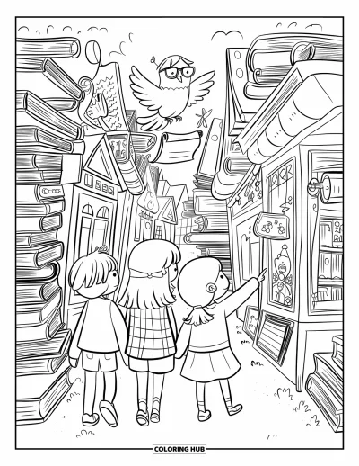 Library Coloring Page for Adults: Children walk past book-shaped shops as a bird with a scroll soars overhead
