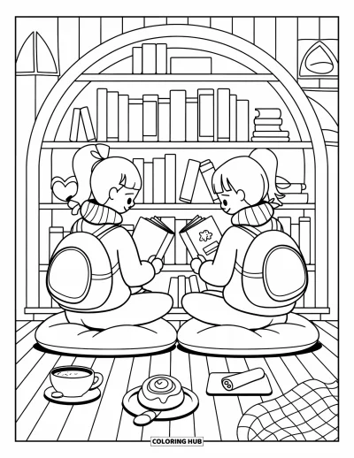 Library Coloring Page for Adults: Friends sit on cushions trading books beside cocoa, a roll, and cozy room details