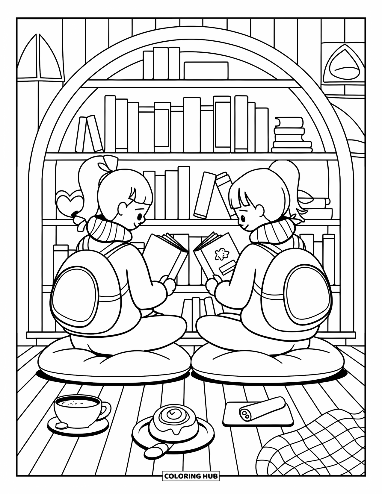 Library Coloring Page for Adults: Friends sit on cushions trading books beside cocoa, a roll, and cozy room details