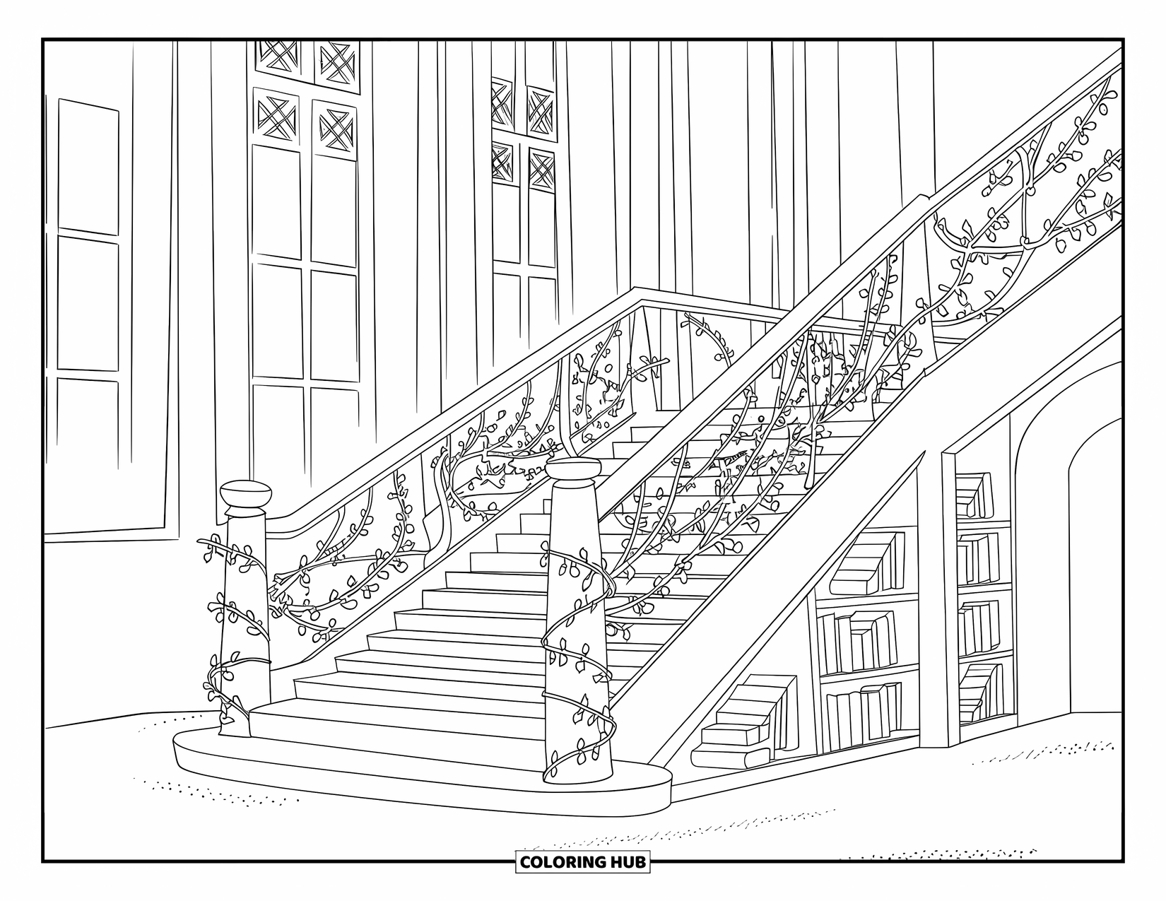 Library Coloring Page for Adults: Library stairs twist upward with leafy railings and books scattered along the way