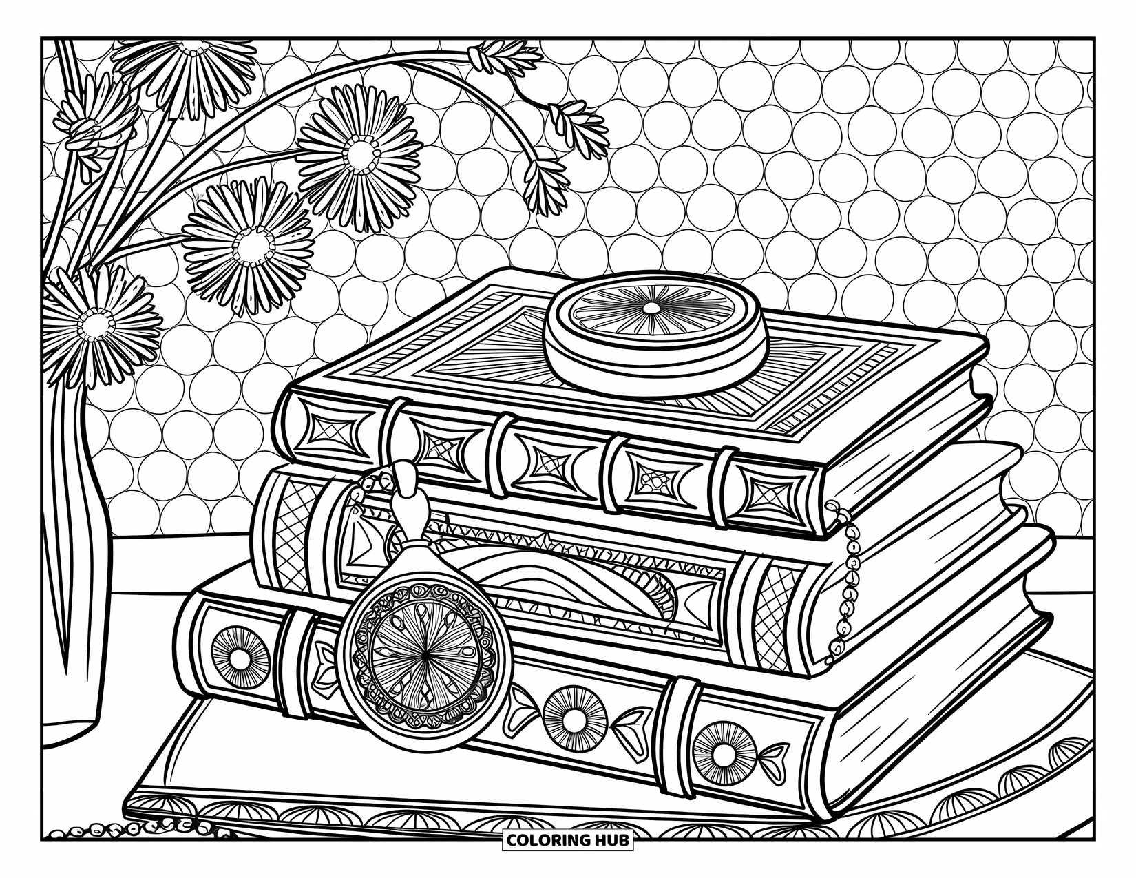 Library Coloring Page for Adults: Stacked books rest beside a pocket watch and dried flowers in a calm setting