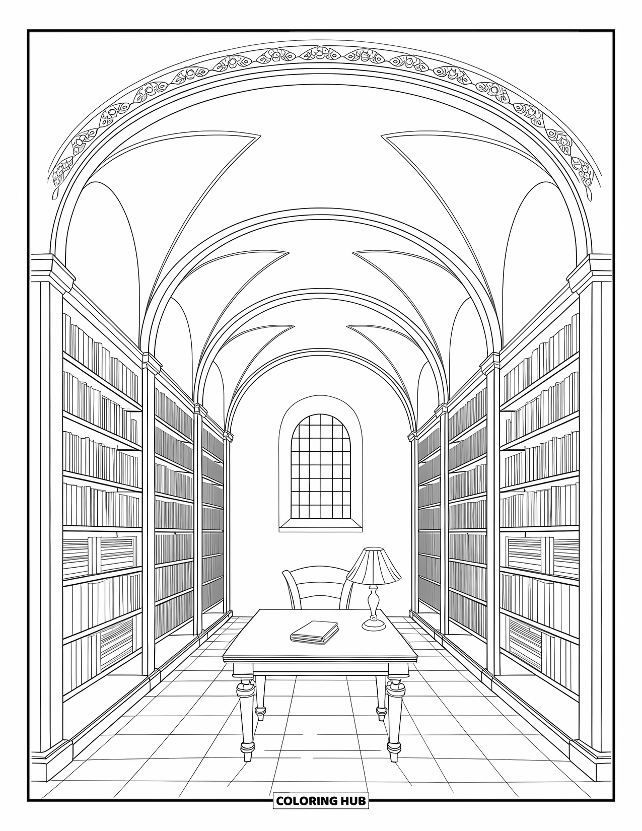 Library Coloring Page for Adults: Sunlight filters into a grand library with arches, tall shelves, and a book-filled table