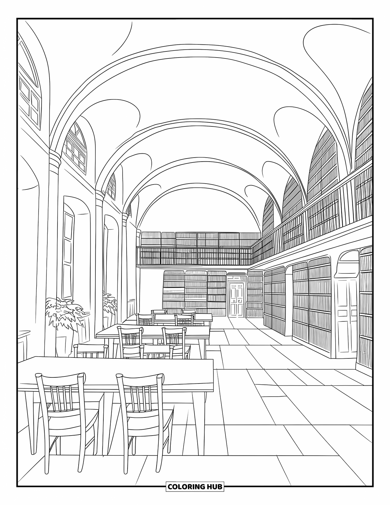 Library Coloring Page for Adults: Tall shelves and potted plants fill a vintage library with arched ceilings and tiled floors